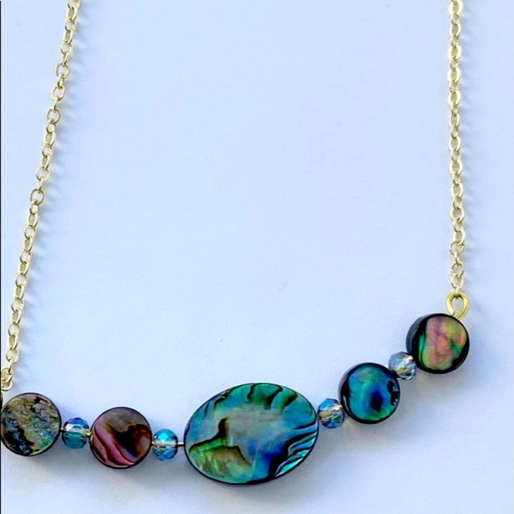 Oval Abalone & Crystals Necklace, Gold Plated